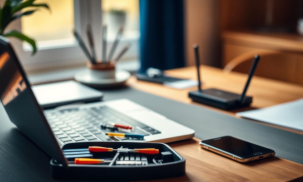 Escritorio en casa con laptop abierta lista para reparación, herramientas de precisión y router al fondo